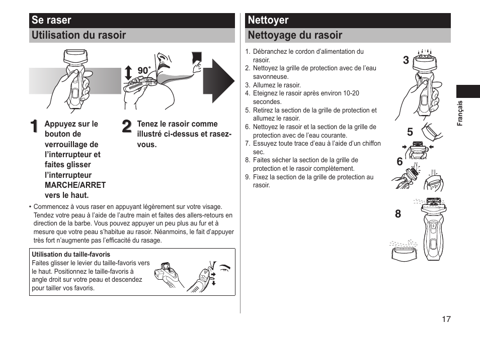 Se raser utilisation du rasoir, Nettoyer nettoyage du rasoir | Panasonic ESRT51 User Manual | Page 17 / 108