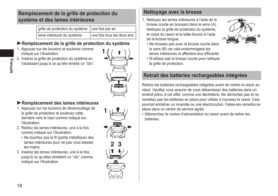 Nettoyage avec la brosse, Retrait des batteries rechargeables intégrées | Panasonic ESRT51 User Manual | Page 18 / 108