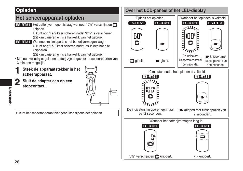 Opladen het scheerapparaat opladen | Panasonic ESRT51 User Manual | Page 28 / 108