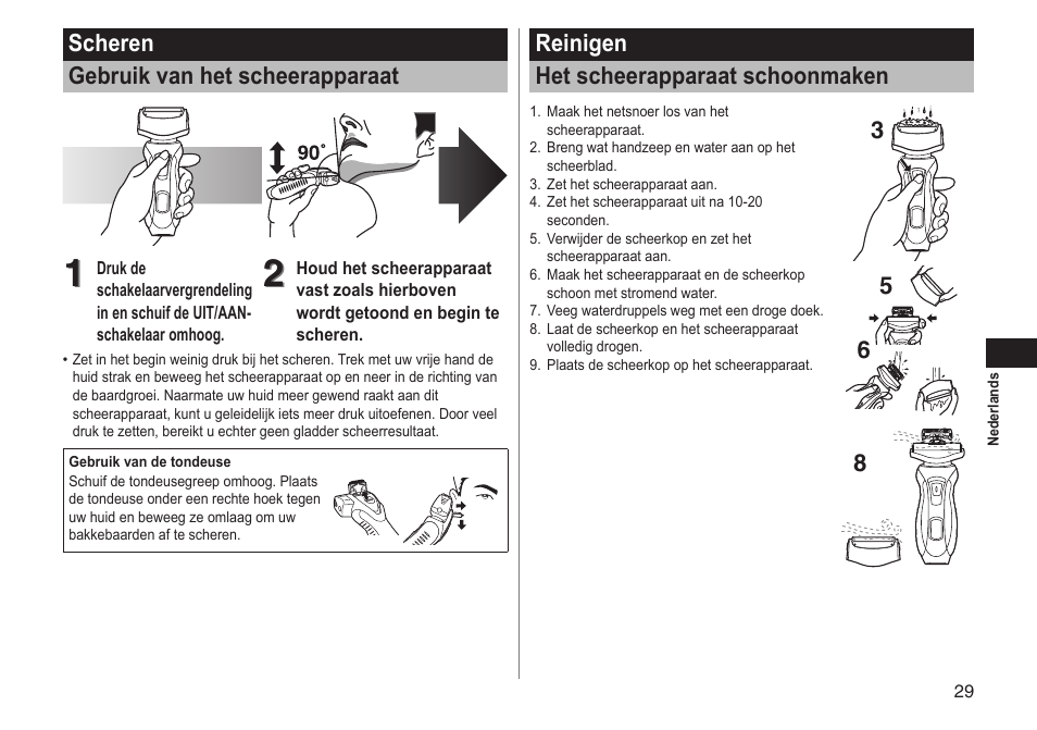 Scheren gebruik van het scheerapparaat, Reinigen het scheerapparaat schoonmaken | Panasonic ESRT51 User Manual | Page 29 / 108