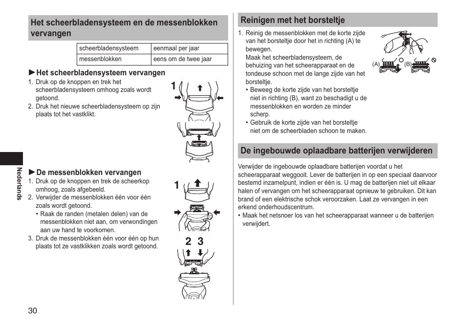 Reinigen met het borsteltje, De ingebouwde oplaadbare batterijen verwijderen | Panasonic ESRT51 User Manual | Page 30 / 108
