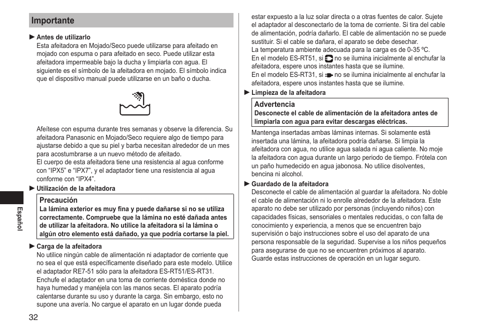 Importante | Panasonic ESRT51 User Manual | Page 32 / 108