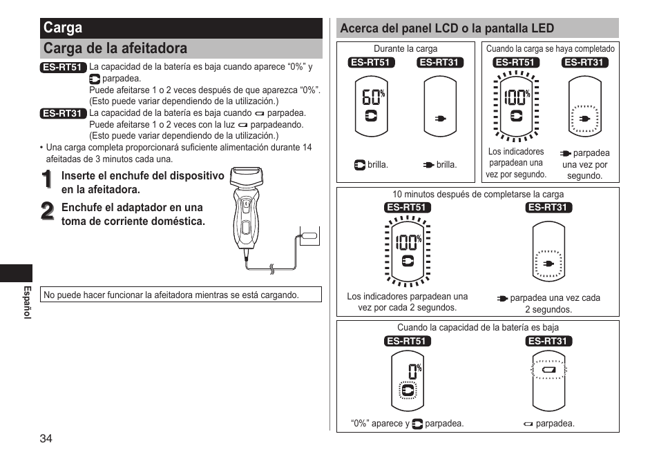 Carga carga de la afeitadora | Panasonic ESRT51 User Manual | Page 34 / 108