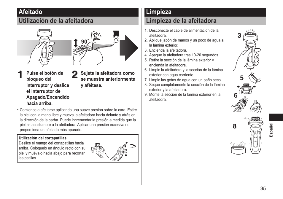 Afeitado utilización de la afeitadora, Limpieza limpieza de la afeitadora | Panasonic ESRT51 User Manual | Page 35 / 108