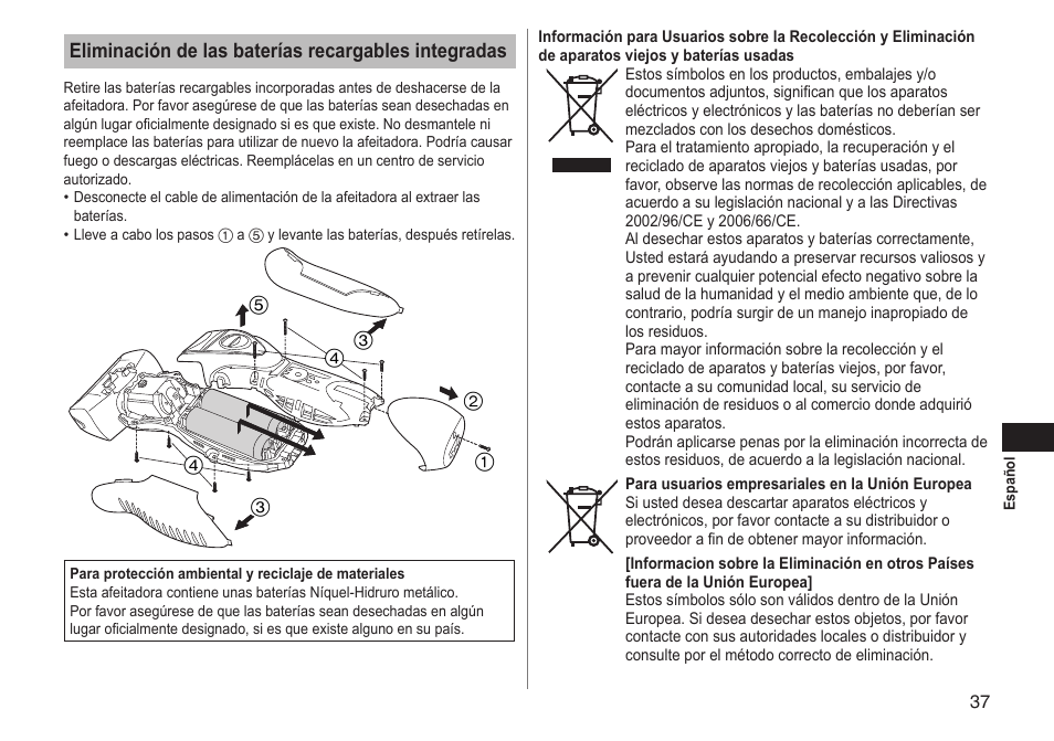 Eliminación de las baterías recargables integradas | Panasonic ESRT51 User Manual | Page 37 / 108