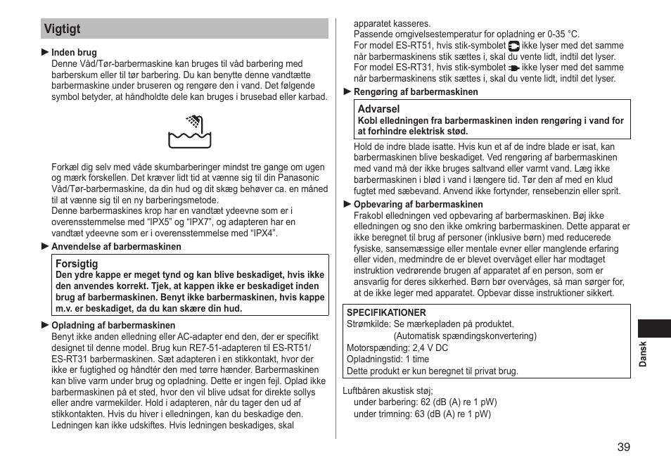 Vigtigt | Panasonic ESRT51 User Manual | Page 39 / 108