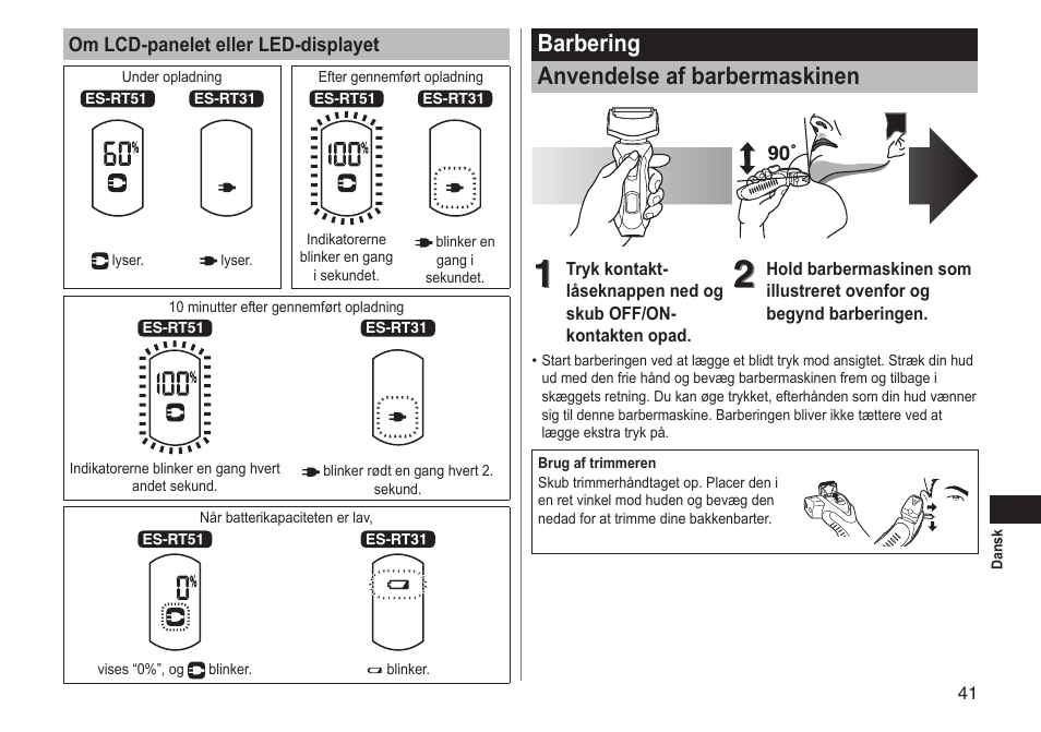 Barbering anvendelse af barbermaskinen | Panasonic ESRT51 User Manual | Page 41 / 108