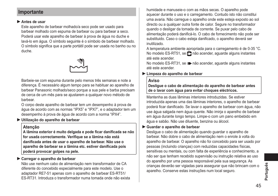 Importante | Panasonic ESRT51 User Manual | Page 45 / 108