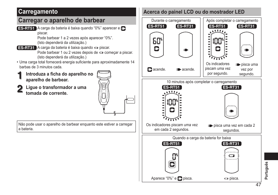 Carregamento carregar o aparelho de barbear | Panasonic ESRT51 User Manual | Page 47 / 108