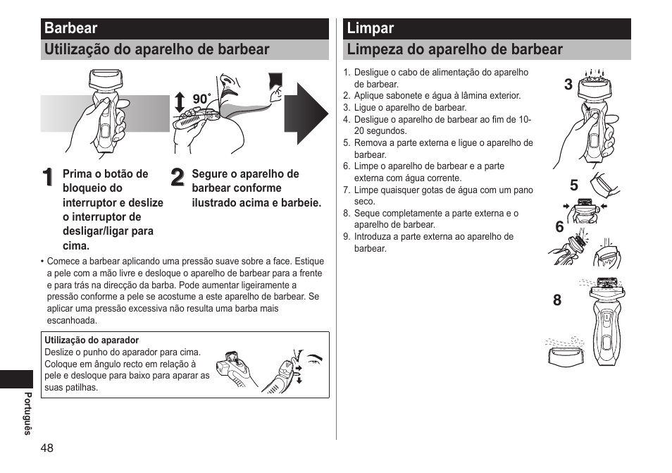 Barbear utilização do aparelho de barbear, Limpar limpeza do aparelho de barbear | Panasonic ESRT51 User Manual | Page 48 / 108