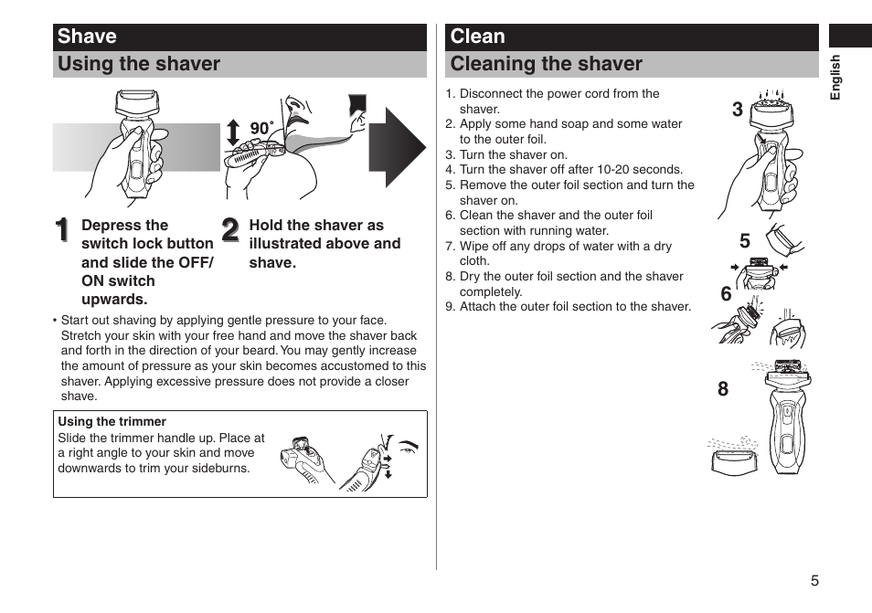 Shave using the shaver, Clean cleaning the shaver | Panasonic ESRT51 User Manual | Page 5 / 108