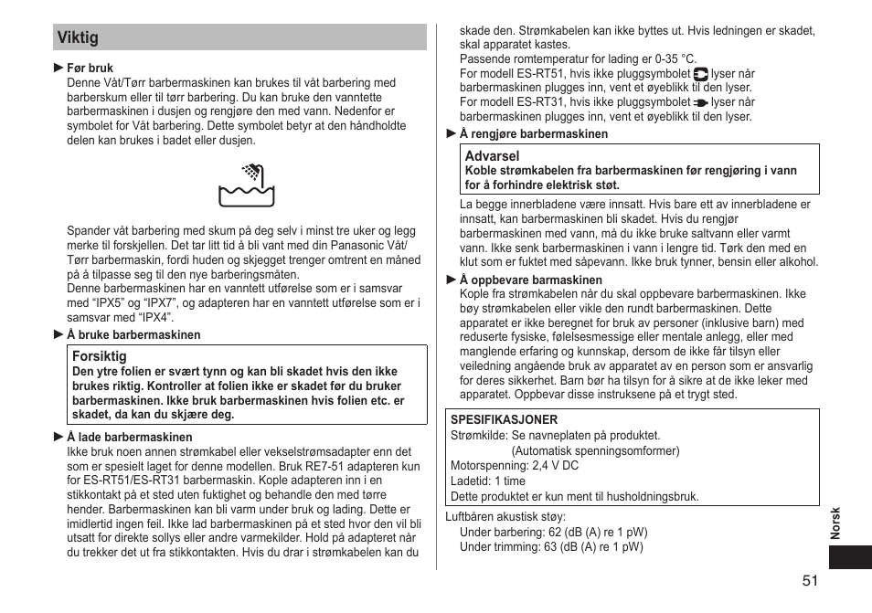 Viktig | Panasonic ESRT51 User Manual | Page 51 / 108