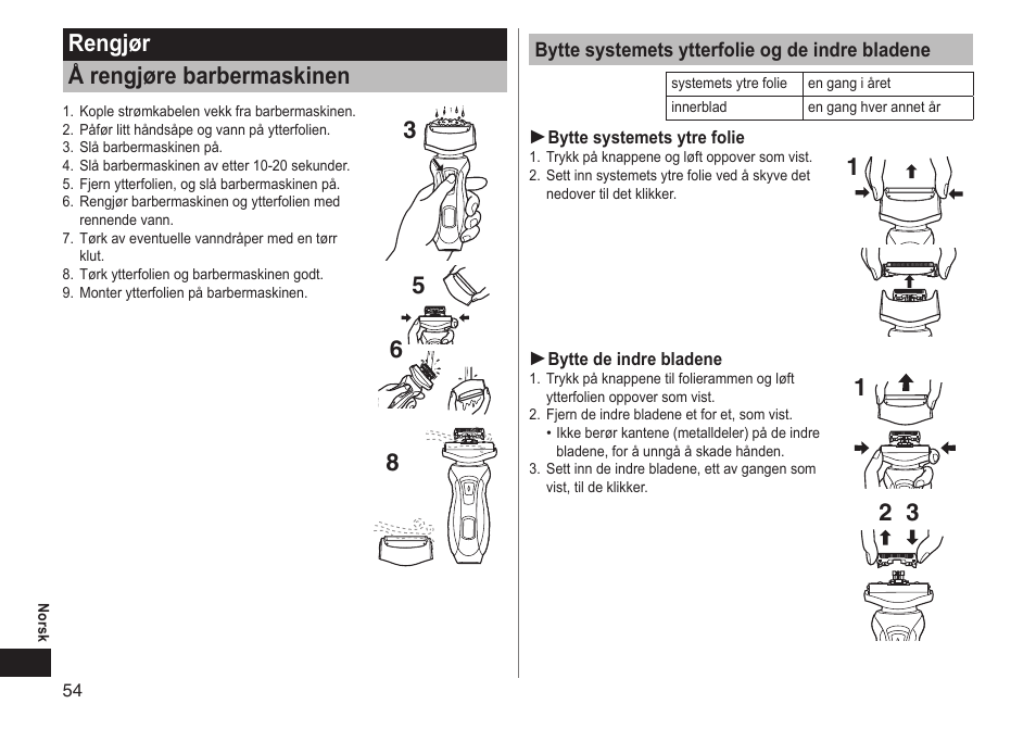 Rengjør å rengjøre barbermaskinen | Panasonic ESRT51 User Manual | Page 54 / 108