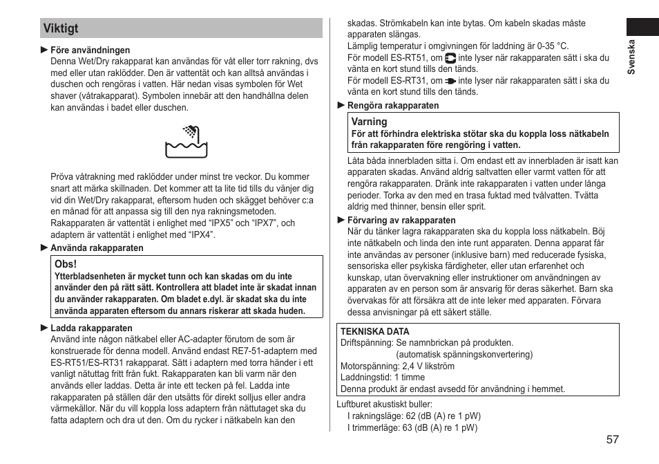 Viktigt | Panasonic ESRT51 User Manual | Page 57 / 108