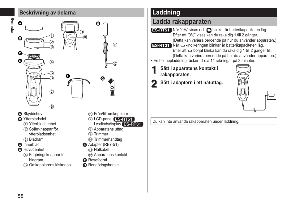 Laddning ladda rakapparaten, Beskrivning av delarna | Panasonic ESRT51 User Manual | Page 58 / 108