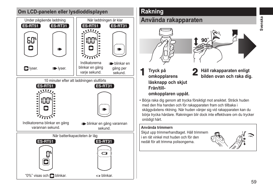 Rakning använda rakapparaten | Panasonic ESRT51 User Manual | Page 59 / 108