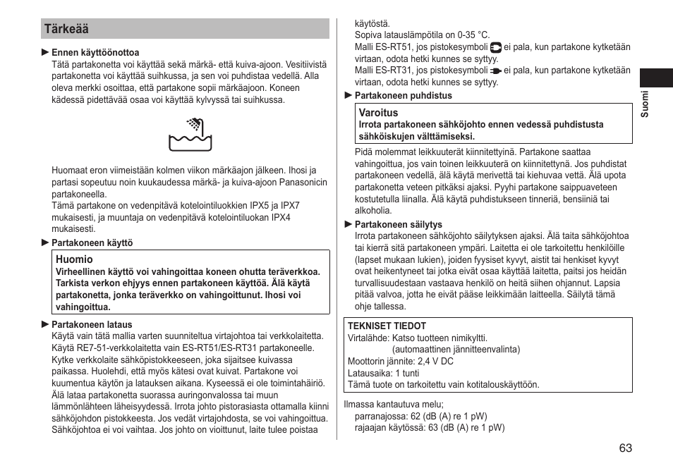 Tärkeää | Panasonic ESRT51 User Manual | Page 63 / 108