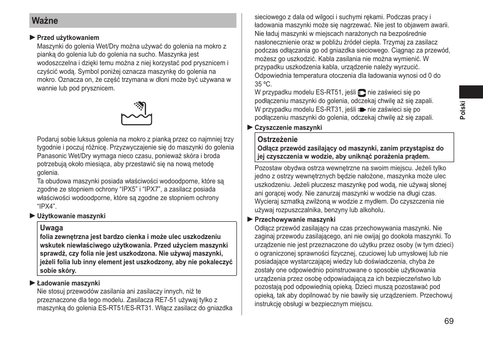 Ważne | Panasonic ESRT51 User Manual | Page 69 / 108