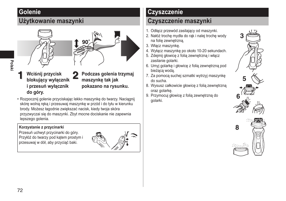 Golenie użytkowanie maszynki, Czyszczenie czyszczenie maszynki | Panasonic ESRT51 User Manual | Page 72 / 108