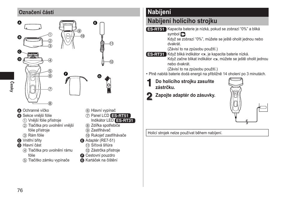 Nabíjení nabíjení holícího strojku, Označení částí | Panasonic ESRT51 User Manual | Page 76 / 108