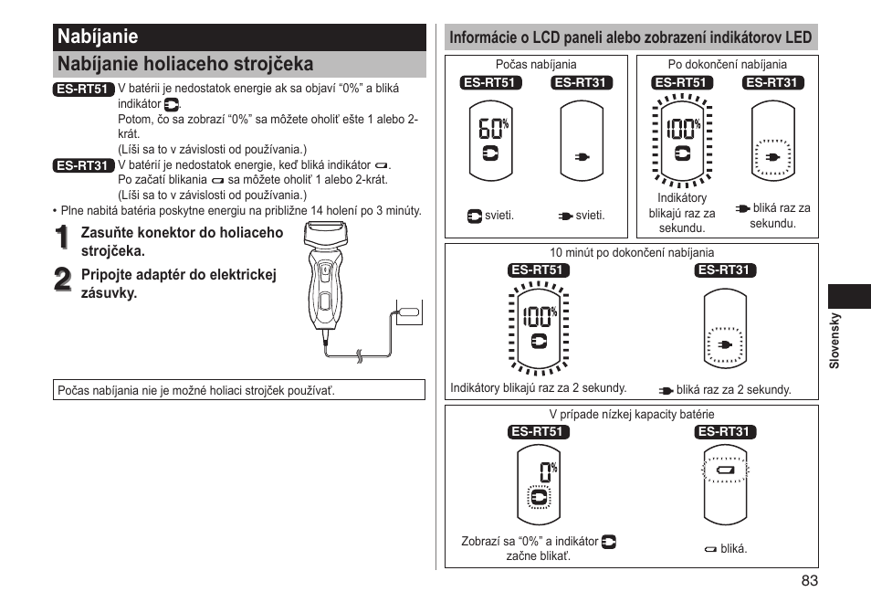 Nabíjanie nabíjanie holiaceho strojčeka | Panasonic ESRT51 User Manual | Page 83 / 108