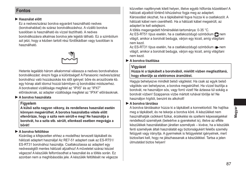 Fontos | Panasonic ESRT51 User Manual | Page 87 / 108