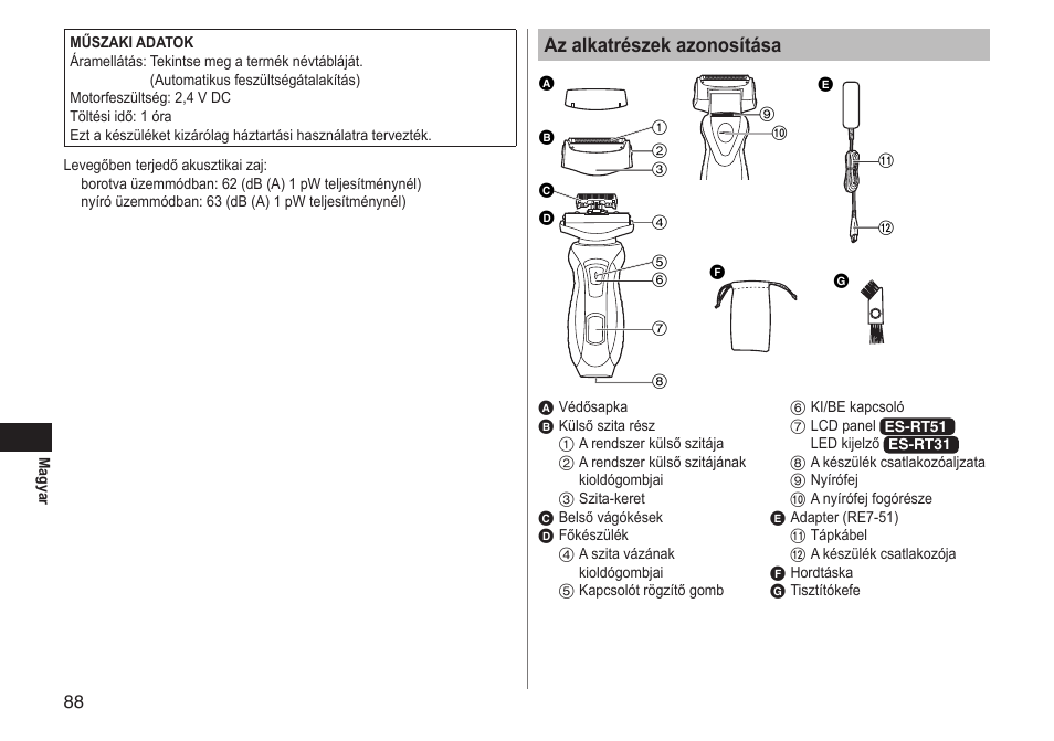 Az alkatrészek azonosítása | Panasonic ESRT51 User Manual | Page 88 / 108
