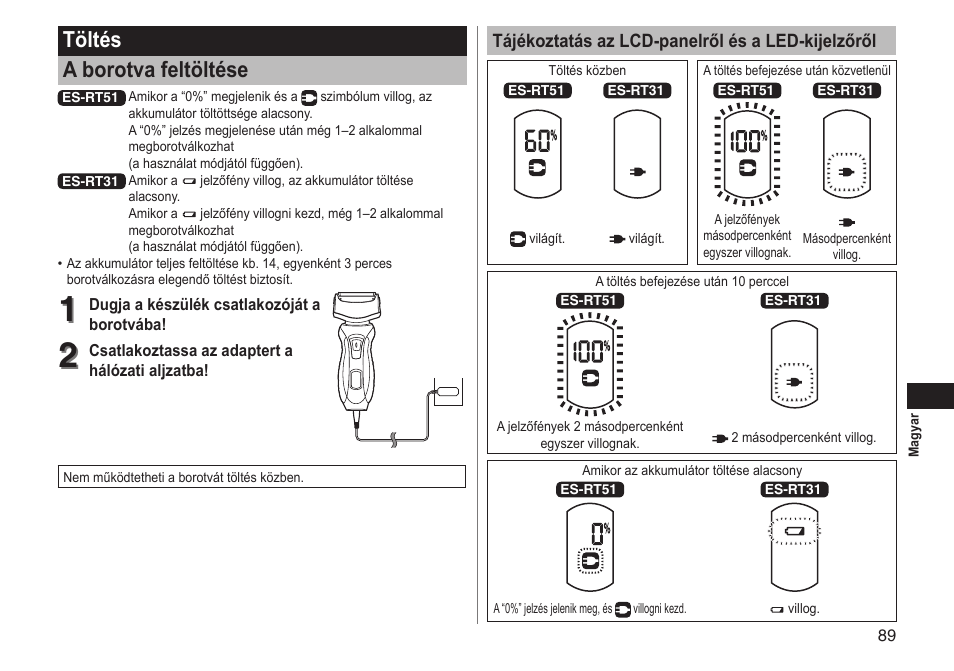 Töltés a borotva feltöltése | Panasonic ESRT51 User Manual | Page 89 / 108