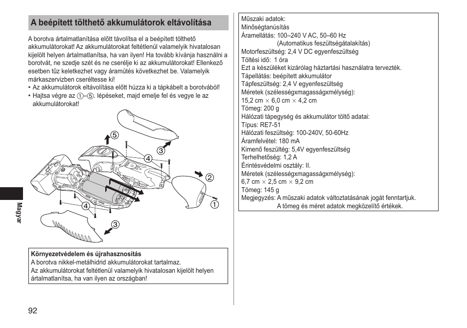 A beépített tölthető akkumulátorok eltávolítása | Panasonic ESRT51 User Manual | Page 92 / 108