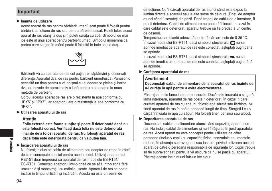 Important | Panasonic ESRT51 User Manual | Page 94 / 108