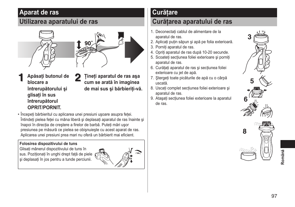 Aparat de ras utilizarea aparatului de ras, Curăţare curăţarea aparatului de ras | Panasonic ESRT51 User Manual | Page 97 / 108