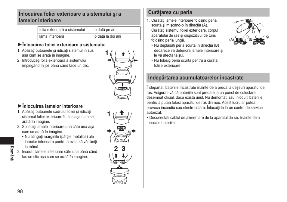 Curăţarea cu peria, Îndepărtarea acumulatoarelor încastrate | Panasonic ESRT51 User Manual | Page 98 / 108