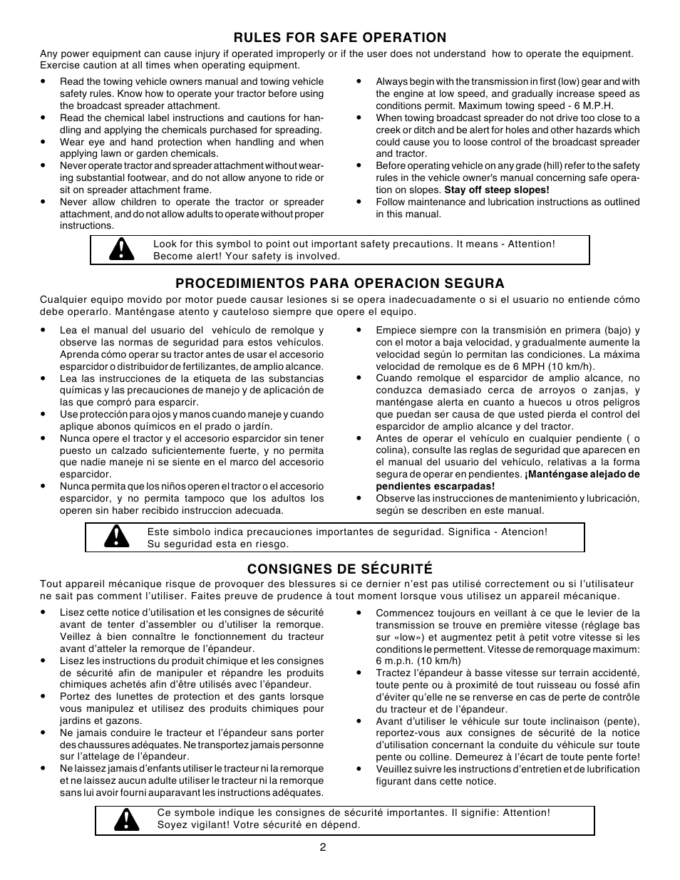 Procedimientos para operacion segura, Consignes de sécurité, Rules for safe operation | Agri-Fab 45-03151 User Manual | Page 2 / 12