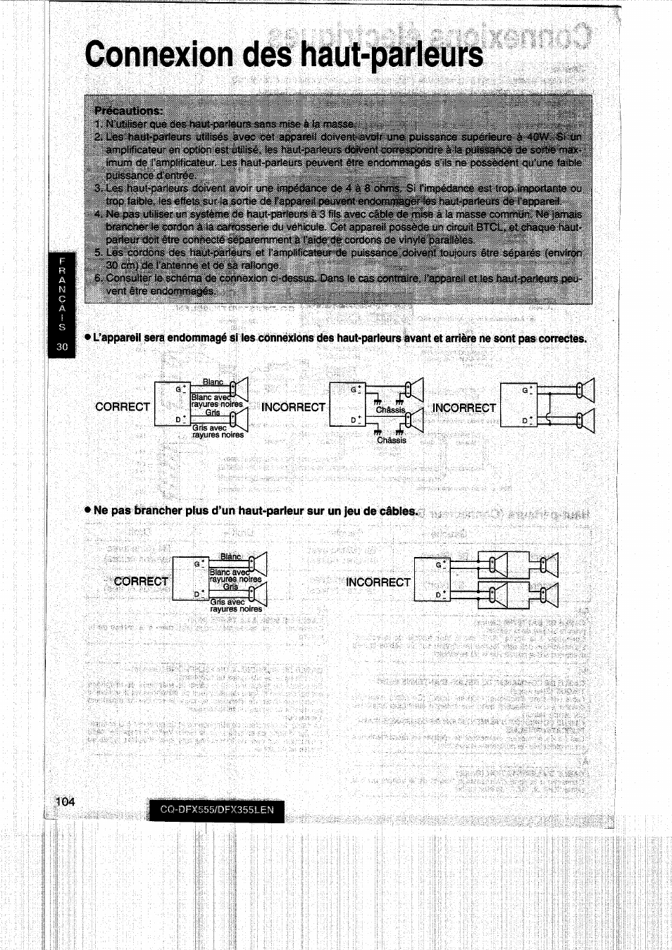 Connexion des haut-parleurs, Xi x | Panasonic CQDFX555 User Manual | Page 104 / 236