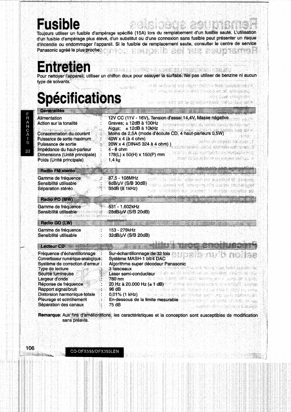 Fusible, Entretien, Spécifications | Fusible entretien spécifications | Panasonic CQDFX555 User Manual | Page 106 / 236