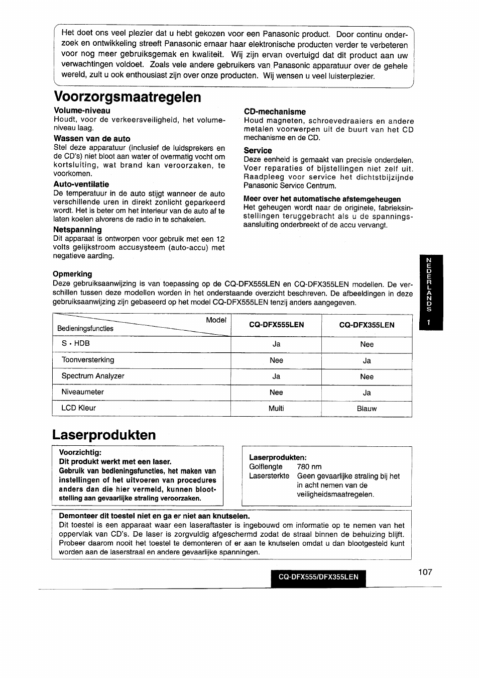 Cd-mechanisme, Service, Voorzorgsmaatregelen | Laserprodukten | Panasonic CQDFX555 User Manual | Page 107 / 236