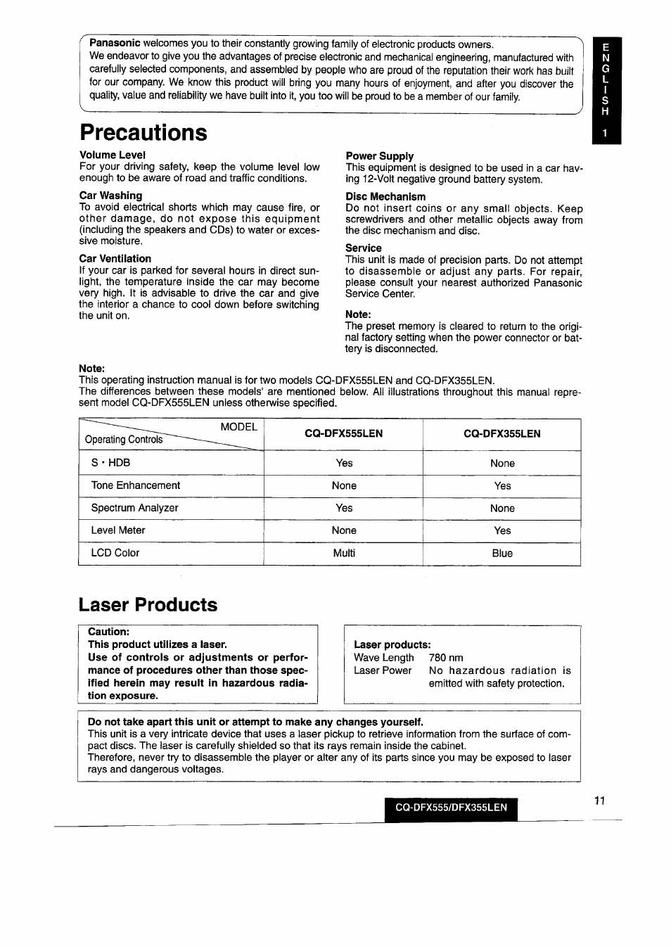 Precautions, Laser products | Panasonic CQDFX555 User Manual | Page 11 / 236