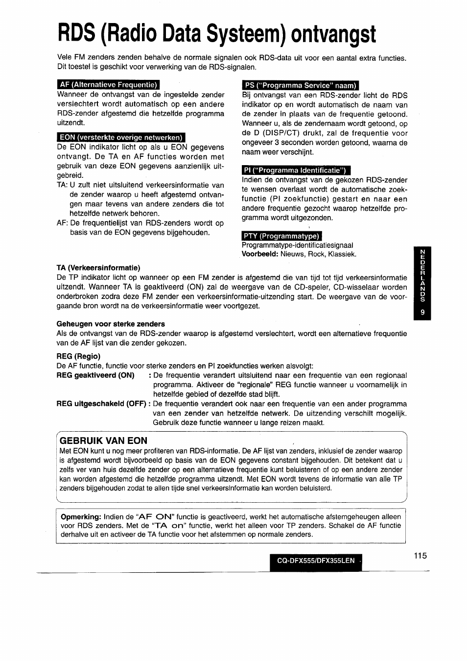 Rds (radio data systeem) ontvangst, Gebruik van eon | Panasonic CQDFX555 User Manual | Page 115 / 236