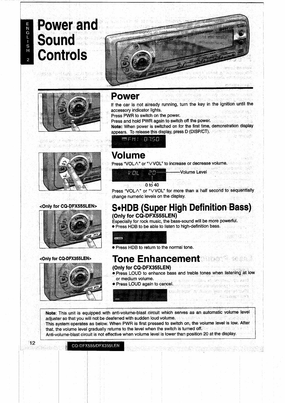 Power and, Sound, Controls | Power, Volume, S*hdb (super high definition bass), Tone enhancement, Power and sound controls | Panasonic CQDFX555 User Manual | Page 12 / 236