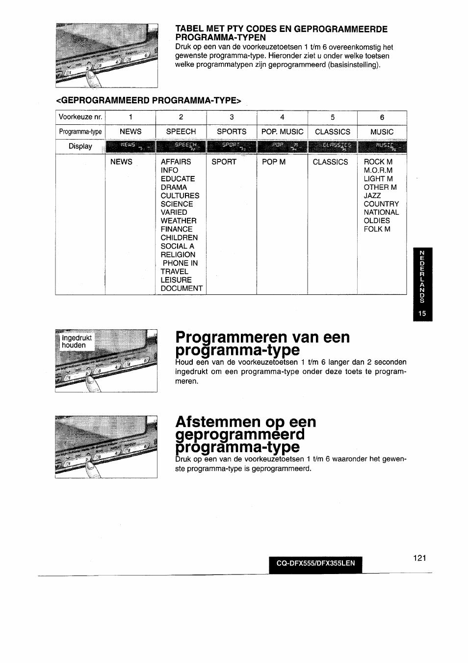 Geprogrammeerd programma-type, Programmeren van een programma-type, Af stern men op een | Geprogrammeerd, Programma-type, Stern men | Panasonic CQDFX555 User Manual | Page 121 / 236