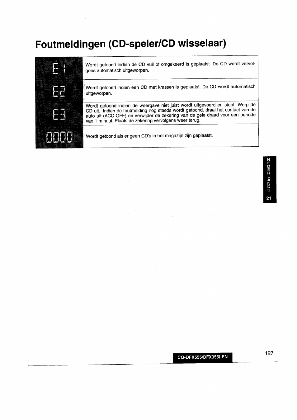 Foutmeldingen (cd-speler/cd wisselaar) | Panasonic CQDFX555 User Manual | Page 127 / 236