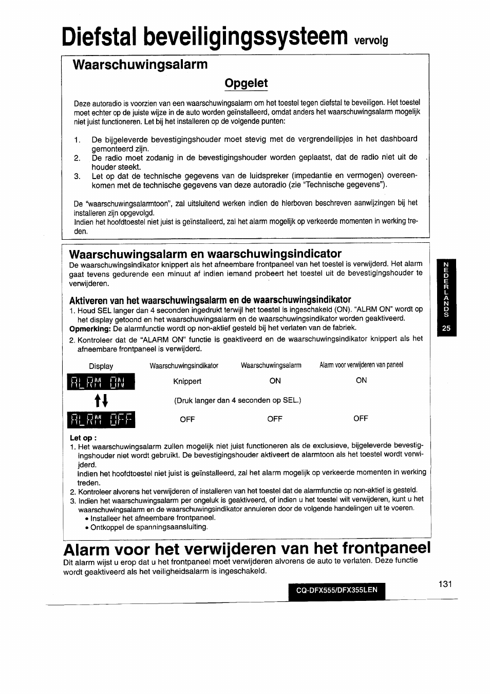 Diefstal beveiligingssysteem, Alarm voor het verwijderen van het frontpaneel, Waarschuwingsalarm | Vervolg, Opgeiet, Waarschuwingsalarm en waarschuwingsindicator | Panasonic CQDFX555 User Manual | Page 131 / 236