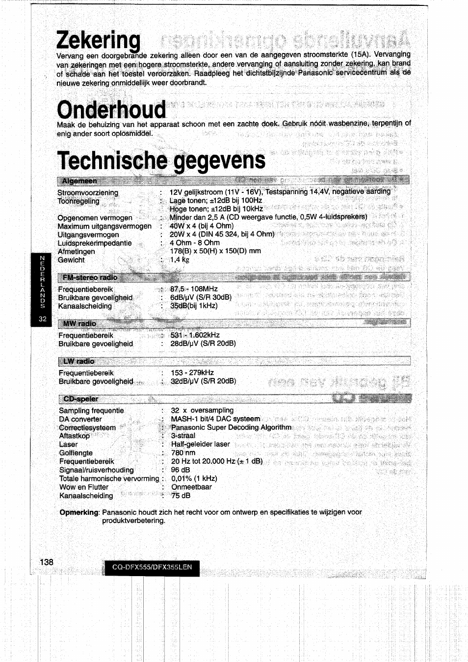 Zekering, Onderhoud, Technische gegevens | Onderhoud technische gegevens | Panasonic CQDFX555 User Manual | Page 138 / 236