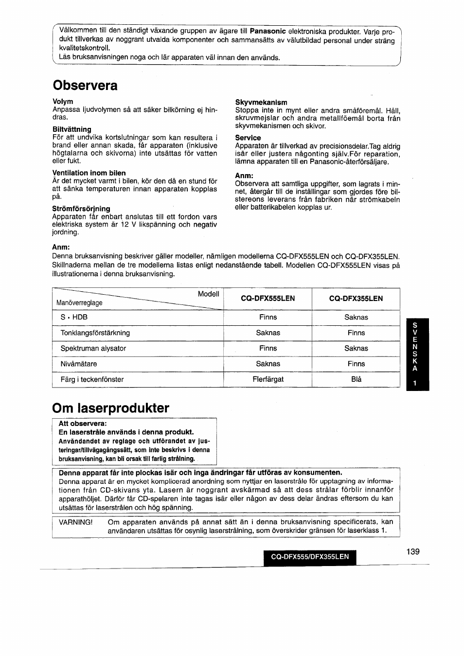 Observera, Om laserprodukter | Panasonic CQDFX555 User Manual | Page 139 / 236
