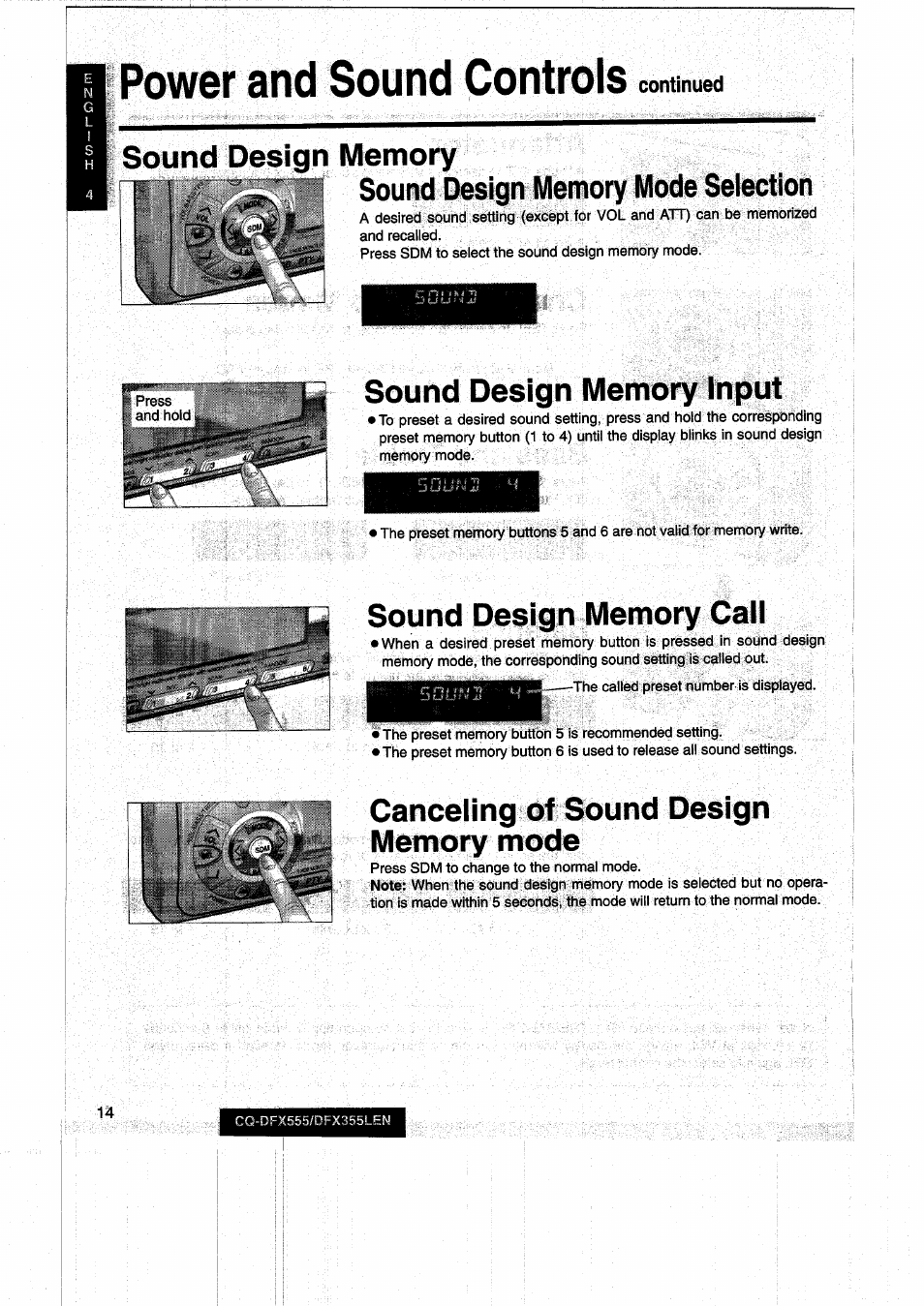 Power and sound controls, Sound design memory mode selection, Sound design memory input | Sound design memory call, Canceling of sound design memory mode, Continued | Panasonic CQDFX555 User Manual | Page 14 / 236