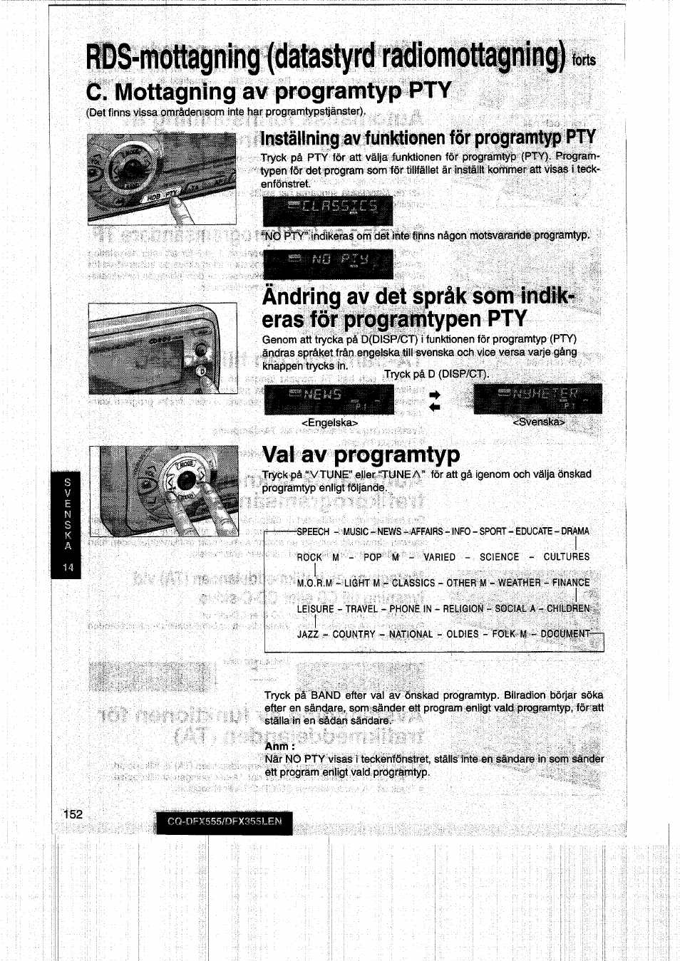 C. mottagning av programtyp pty, Vai av programtyp, Installning av funktionen for programtyp pty | Panasonic CQDFX555 User Manual | Page 152 / 236