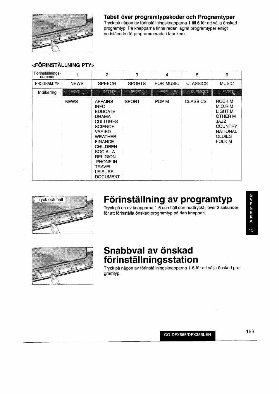 Tabell over programtypskoder och programtyper, Forinstallning pty, Förinställning av programtyp | Snabbval av önskad förinställningsstation | Panasonic CQDFX555 User Manual | Page 153 / 236