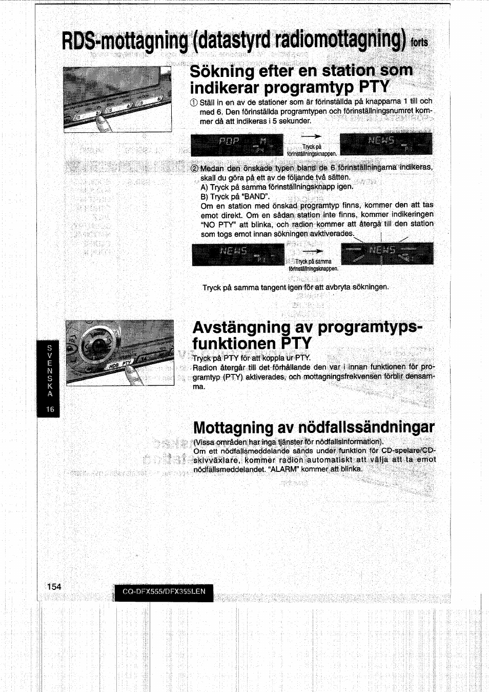 Avstangning av programtyps- funktionen pty, Mottagning av nodfallssandningar, Forts | Panasonic CQDFX555 User Manual | Page 154 / 236