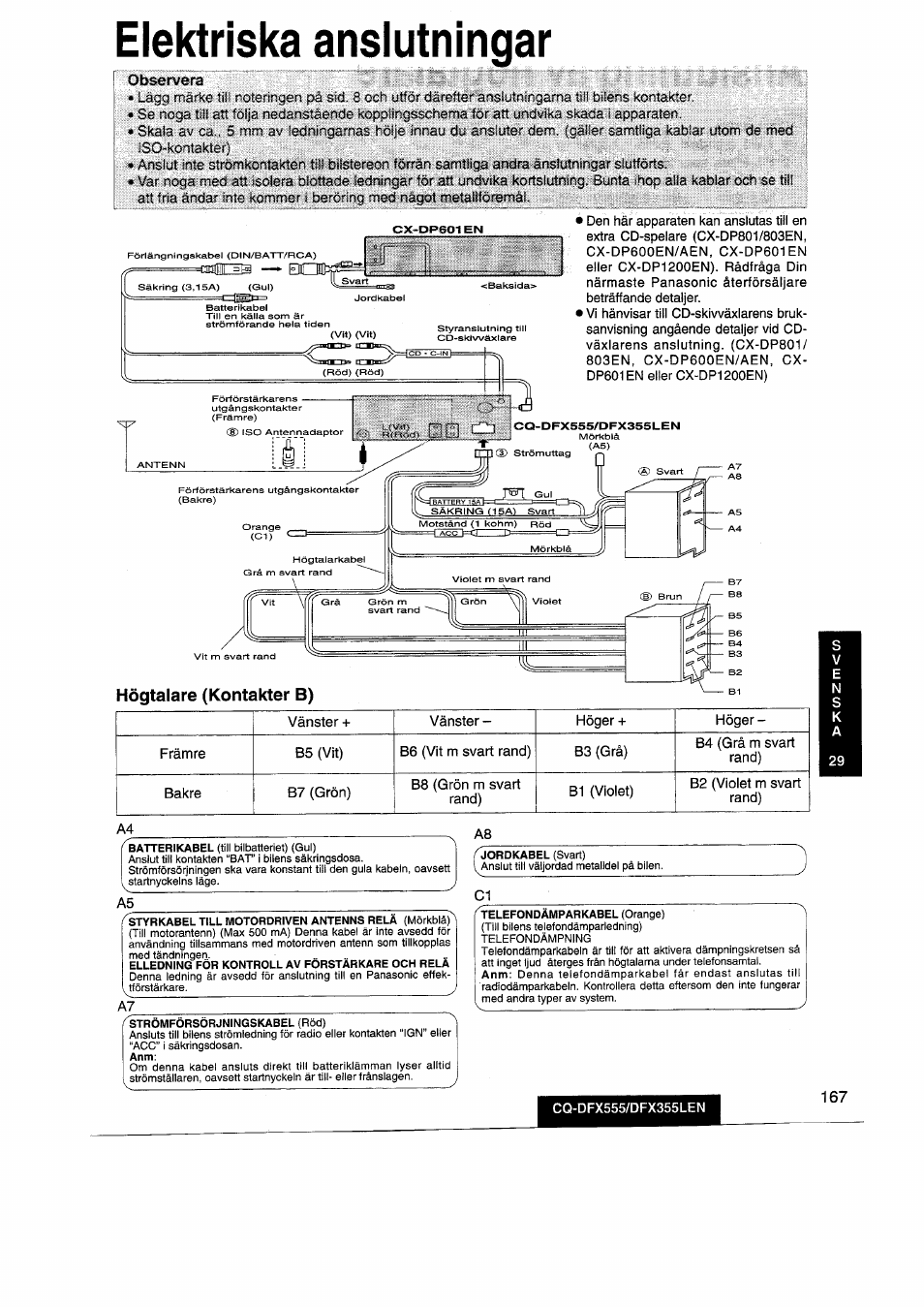 Elektriska anslutningar, Högtalare (kontakter b), Elektriska arislutningar | Panasonic CQDFX555 User Manual | Page 167 / 236