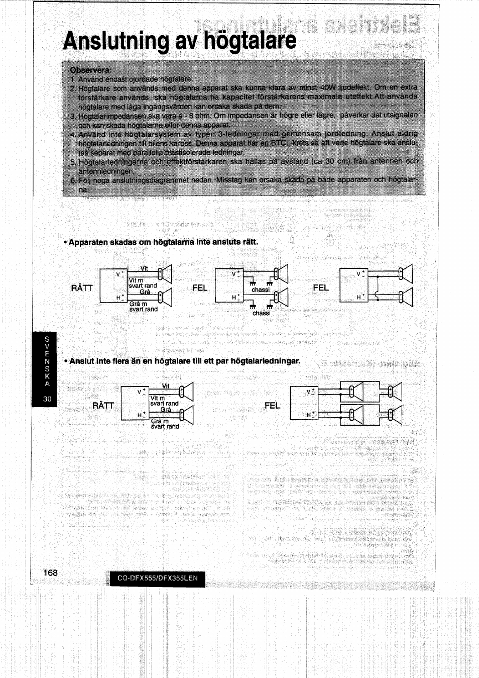 Anslutning av hogtalare, Anslutning av högtalare | Panasonic CQDFX555 User Manual | Page 168 / 236